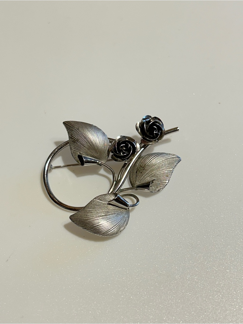 Vintage Sterling Silver Rose and Leaf Brooch